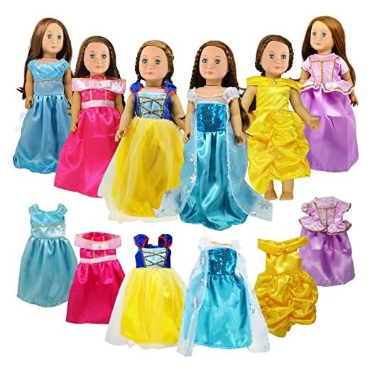 18 inch Doll Clothes Accessories -6Pcs Different Princess Costume Include Bella,Cinderella,Snow White,Rapunzel,Princess Elsa and Aurora Fits All 18 inch Girl Dolls