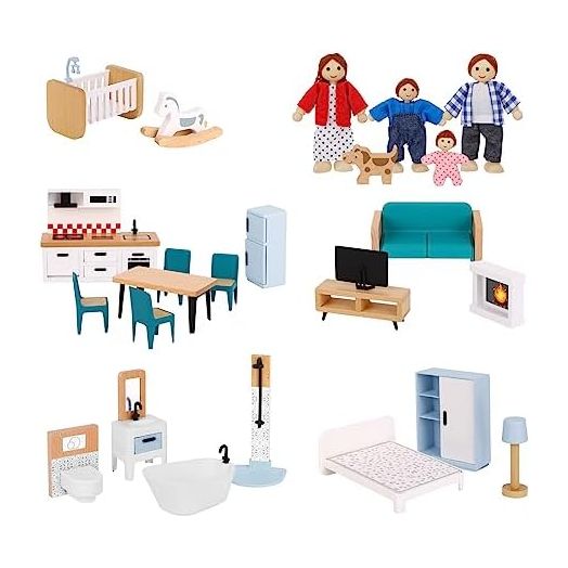 Wooden Dollhouse Furniture Set for Kids, 26 Pcs Dollhouse Accessories with 4 Family Dolls and Dog, Miniature Doll House Furniture Toys Pretend Play Gift for Girls Boys Age 3+