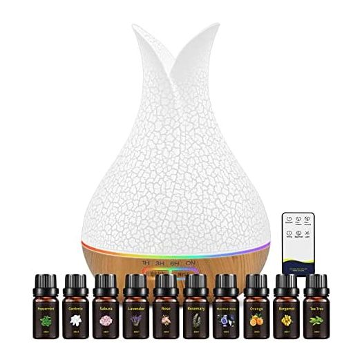 500ML Essential Oil Diffuser with 10 Essential Oils Gift Set, Aromatherapy Diffuser Humidifier with 2 Mist Mode 4 Timers& 7 Ambient Light Waterless Auto Off for Large Room Home Office