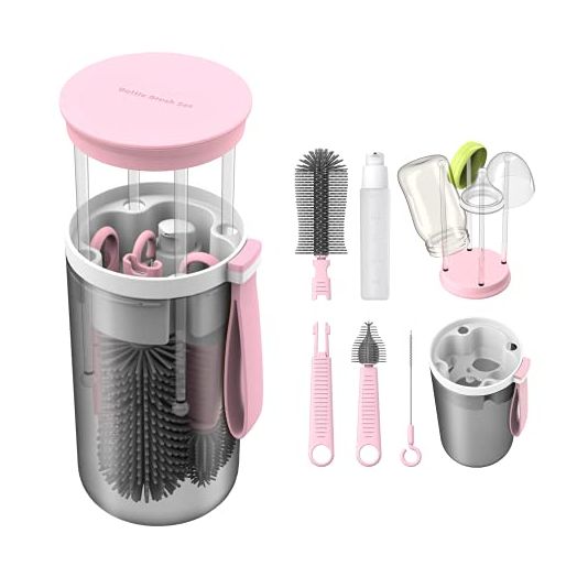 TechoEcho Travel Baby Bottle Brush Set with Extendable Liquid Silicone Bottle Brush,Nipple Brush,Built-in Bottle Drying Rack,Straw Cleaner Brush,Baby Bottle Soap Dispenser,Bottle Warmer (Pink)