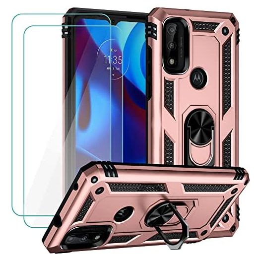 Muntinfe for Moto G Pure Case, Moto G Power 2022 Case with Tempered Glass Screen Protector [2 Pack], Military-Grade Shockproof Phone Cover with Ring Magnetic Kickstand for Motorola G Pure, Rose Gold
