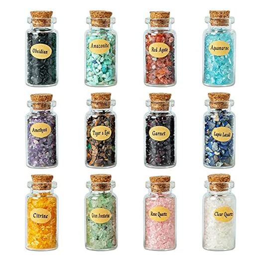 KHOCOEE 12 Different Gemstone Bottles Chip Crystals and Healing Stone, Chakra Healing Crystals Bottles, Wicca Gem Stones Set, Witchcraft Crystals