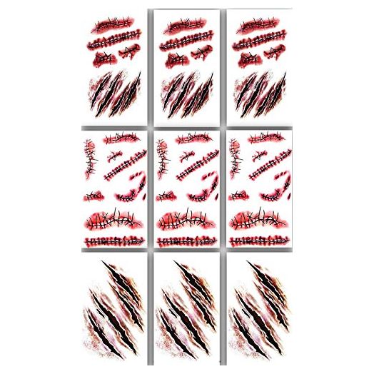 9pcs Horror Realistic Fake Bloody Wound Stitch Scar Scab Waterproof Temporary Tattoo Sticker Halloween Masquerade Prank Makeup Props