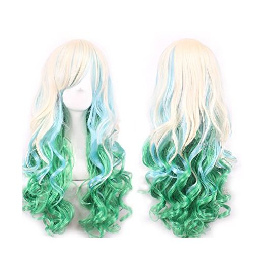 WeeH Women Wigs Long Hair Heat Resistant Spiral Curly Cosplay Wig Fashion Wavy Costume Daily Party (bule green gold)
