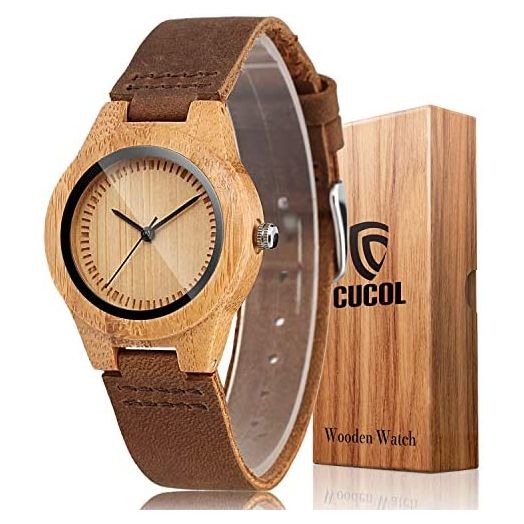 CUCOL Womens Wooden Bamboo Watches Brown Genuine Cowhide Leather Strap Wristwatch with Gift Box