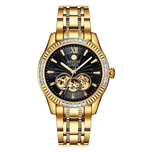 BINLUN Men's Automatic Gold Watches 18K Gold Plated Diamond Mechanical Watch Waterproof Stainless Steel Skeleton Wrist Watch for Men