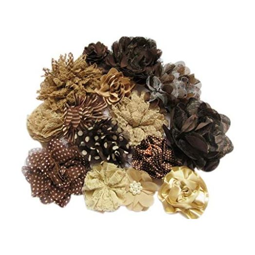 XiXiboutique 12pcs Chiffon Flower Fabric for Girls Headband Baby Flowers Bows,Crafts,Party Decoration(2.5"-4.5",Tan/Brown Mix)