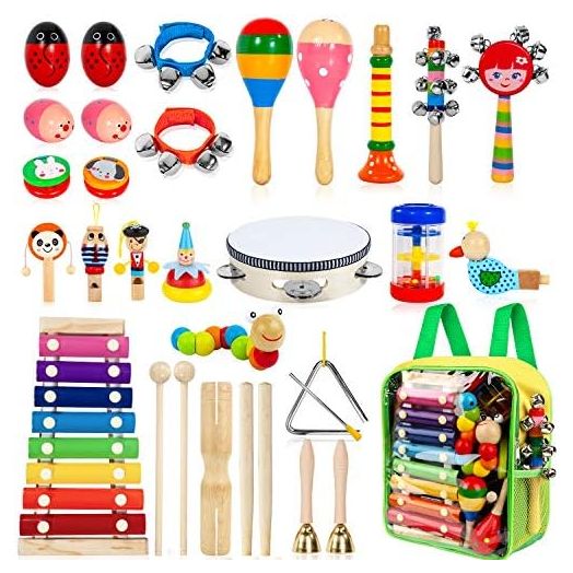 Kids Musical Instruments, 33Pcs 18 Types Wooden Percussion Instruments Tambourine Xylophone Toys for Kids Children, Preschool Education Early Learning Musical Toy for Boys and Girls