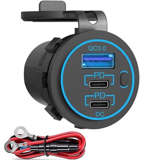 12V USB C Outlet, Two USB-C PD 20W Power Socket and 18W QC3.0 Socket Waterproof Power Outlet 12V/24V with Power Switch for Car Golf Cart Boat Marine Bus Truck RV Marine Motorcycle etc.