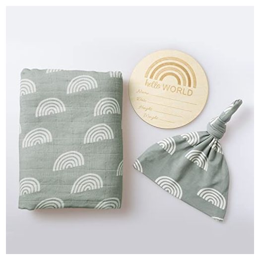100% Organic Cotton Muslin Blanket| Sage Green Rainbow Baby Swaddle Set| Newborn Boy Girl Unisex Neutral| Boho Vintage Monthly Picture Blanket