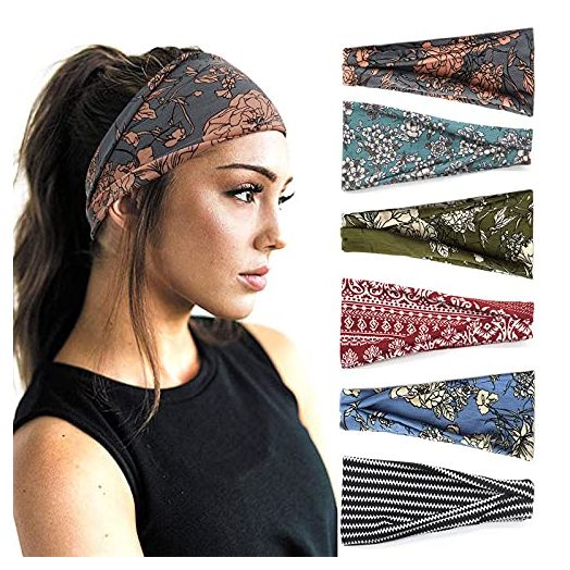 Boho Headbands For Women Fashion Wide Headband Yoga Workout Head Bands Hair Accessories Band (6 Pack)