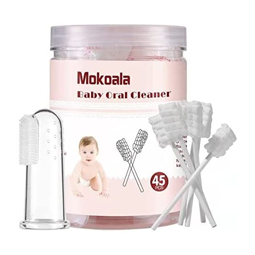 [45-Pack] Baby Tongue Cleaner, Baby Toothbrush, Disposable Infant Gums Cleaner, Soft Gauze Toohthbrush Newborn Oral Cleaning Stick Dental Care for 0-36 Month Baby+ 1Pcs Finger Toothbrush with Case