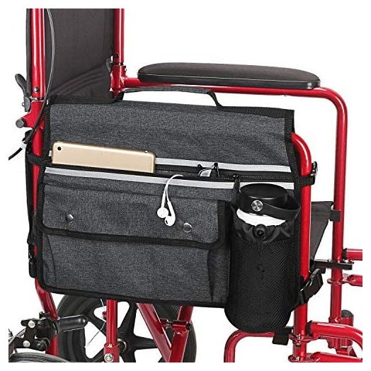 Wheelchair Organizer Storage Bag, Double-Sided Armrest Pouch with Cup Hold and Reflective Strip, for Wheelchairs and Walkers (Black)