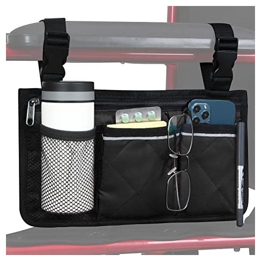 Wheelchair Side Organizer Storage Bag Armrest Pouch with Cup Hold and Reflective Strip, for Most Wheelchairs, Walkers or Rollators (Black)