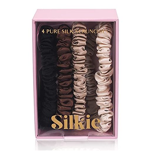 SILKIE 100% Pure Mulberry Silk Scrunchies with Travel Pouch (x4 Set)
