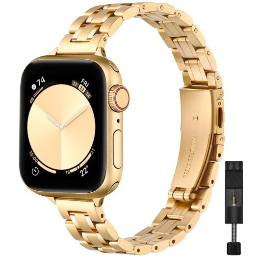 STIROLL Thin Replacement Band Compatible for Apple Watch 38mm 40mm 41mm 42mm 44mm 45mm 49mm, Stainless Steel Metal Wristband Women Men for iWatch Ultra SE Series 9/8/7/6/5/4/3/2/1(Gold,38mm/40mm/41mm)