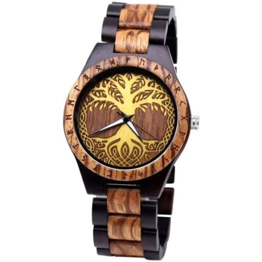 VikingsBrand Viking Wooden Watch with Helm of Awe, Aegishjalmur, Viking Symbols, Decorated Wooden Box Runic Circle