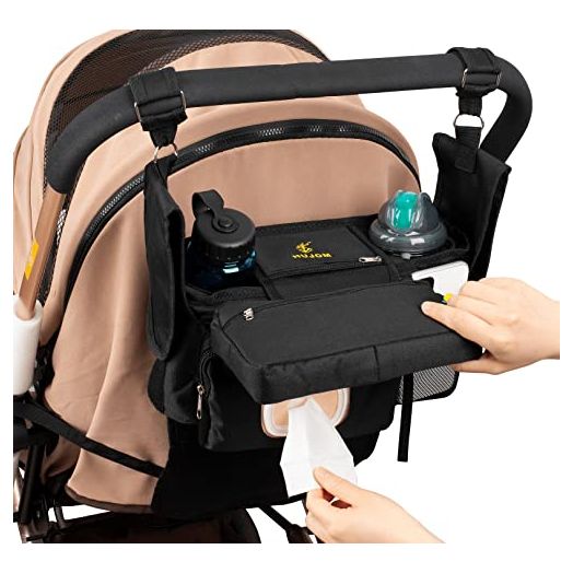 Non-Slip Universal Stroller Organizer with Cup Holders, Shoulder Strap, Roll Down Diaper Pocket, Detachable Phone Bag & Flexible Wipes Pocket. Baby Must have Accessories.