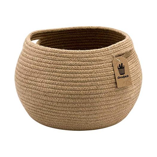 Goodpick Cute Round Basket - Cotton Rope Jute Baskets in Living Room Woven Towel Basket Bedroom Storage Bakset for Children Corner Plant Basket Indoor, Jute, 10"D x 8.3"H