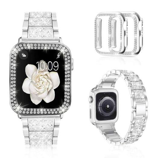 Mosonio Compatible with Apple Watch Band 44mm with Case Women, Jewelry Replacement Metal Wristband Strap with 2 Pack Bling PC Protective Cover for iWatch Series 6/5/4(Silver)