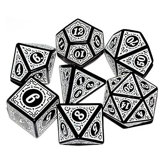 DND Dice 7Pieces, Raised Pattern Black and White Mixed Polyhedral DND Dice for RPG MTG Table Game Dice