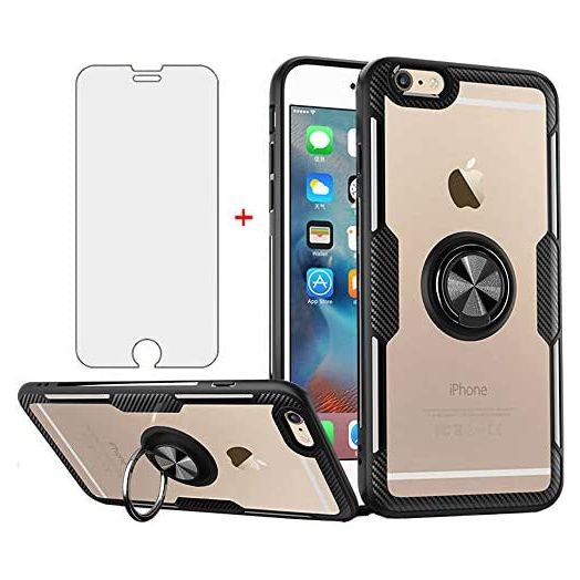 Phone Case for iPhone 6plus 6splus 6/6s Plus with Tempered Glass Screen Protector Clear Cover and Stand Ring Holder Hard Cell iPhone6 6+ iPhone6s 6s+ i 6P 6a S Six iPhone6splus Cases Men Black