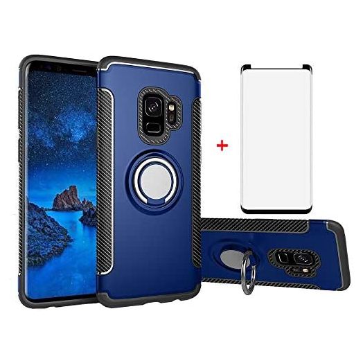 Phone Case for Samsung Galaxy S9 Plus with Tempered Glass Screen Protector Cover and Stand Ring Holder Hybrid Cell Accessories Glaxay S9+ 9S 9+ S 9 9plus S9plus Cases Men Blue Shockproof Soft TPU