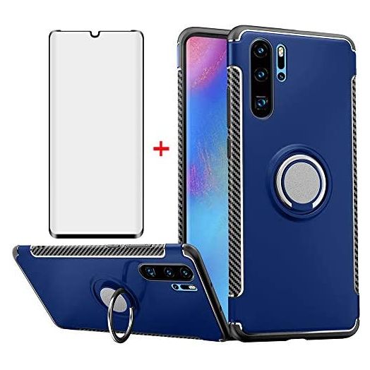 Phone Case for Huawei P30 Pro with Tempered Glass Screen Protector Cover and Stand Ring Holder Slim Hybrid Hard Cell Accessories Business Cool Punk Rubber Boys Hawaii P30Pro P 30 Pro30 Cases Men Blue