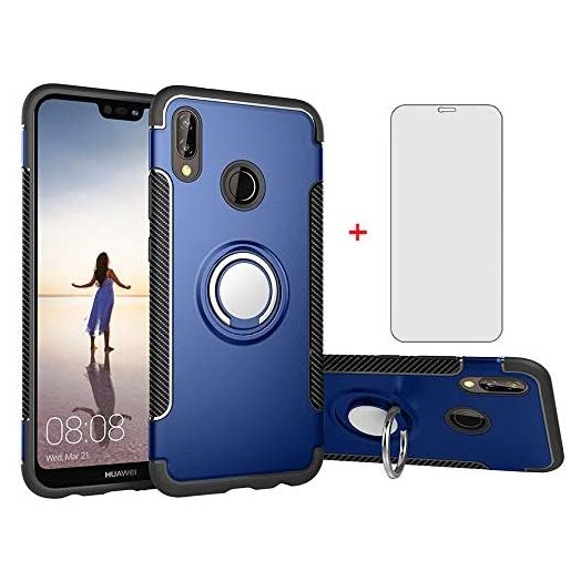 Phone Case for Huawei P20 Lite with Tempered Glass Screen Protector Cover and Magnetic Stand Ring Holder Slim Hybrid Hard Cell Accessories Kickstand Huwai P20lite P 20 Haweii Nova 3E Cases Men Blue