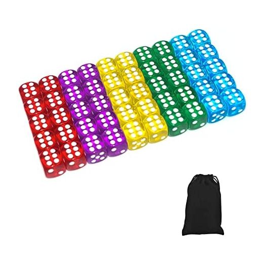 50 of Pack 14MM 6 Sided Dice Set Translucent Colors Dice, with Black Pouch for Board Game