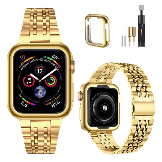 MioHHR Compatible with Apple Watch band 42mm 44mm, Solid Stainless Steel Metal Strap for iWatch Series 6 5 4 3 2 1 SE (Gold,42/44 mm)