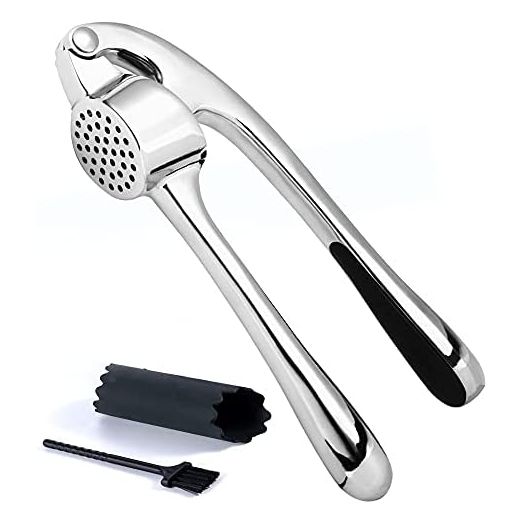 Garlic Press, Garlic Mincer Set of 3 with Silicone Roller Peeler & Cleaning Brush, Gloss Silver