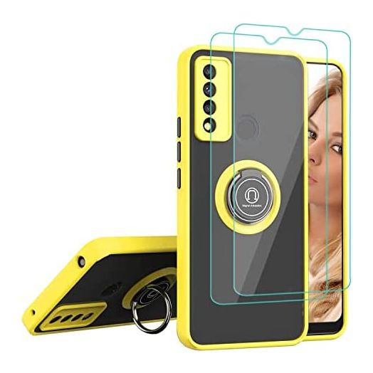 Compatible with TCL 20 XE Hard Case with HD Screen Protector Clear Matte Heavy Duty Military Grade Shockproof Hybrid Durable Protection Phone Cover with Ring Holder Kickstand for TCL 20XE Yellow