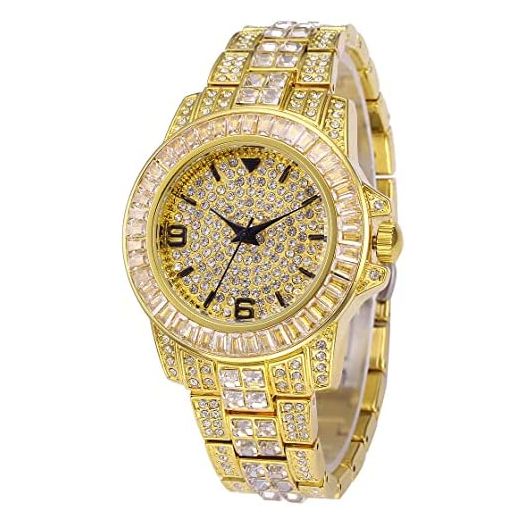 Mens Womens Iced Out Watch Gold Plated Diamond Unisex Quartz Wristwatch