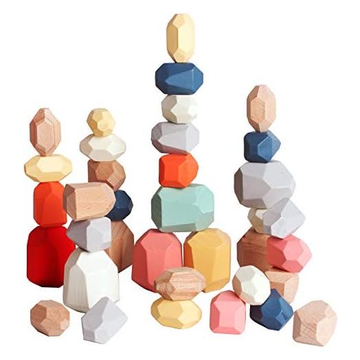 BESTAMTOY 36 PCS Wooden Sorting Stacking Rocks Stones,Sensory Toddler Toys Learning Montessori Toys, Building Blocks Game for Kids 3 4 5 6 Years Boy and Girl Birthday Gifts for Kids