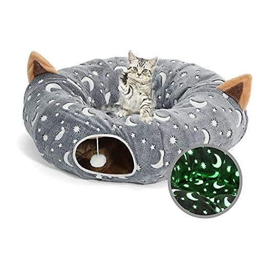 LUCKITTY Cat Tunnel Bed Tube with Cushion and Plush Ball Toy Playground Crinkle Collapsible Self-Luminous Flannel Fabric 3FT for Large Cats Kittens Kitty Small Animals Puppy Grey Moon Star