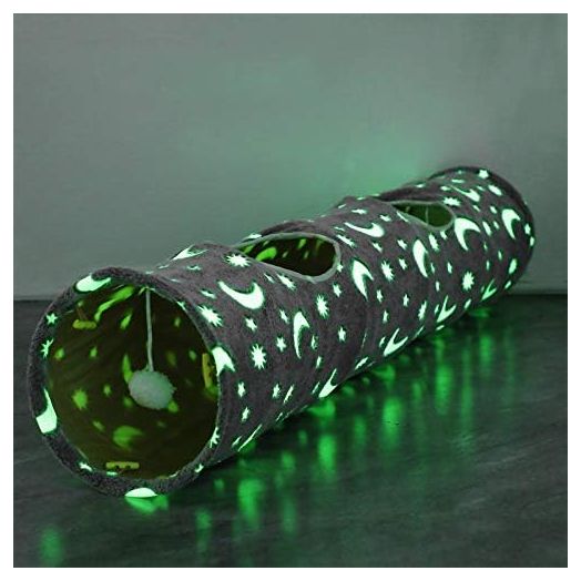 LUCKITTY Cat Tunnel Tube with Plush Ball Toys Collapsible Self-Luminous Photoluminescence, for Small Animals Pets Bunny Rabbits, Kittens, Ferrets,Puppy and Dogs Grey Moon Star