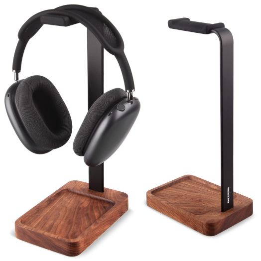 Walnut Wood & Aluminum Headset Holder, Desktop Headphone Stand, Universal headphone holder for most music gaming headsets - Black Walnut