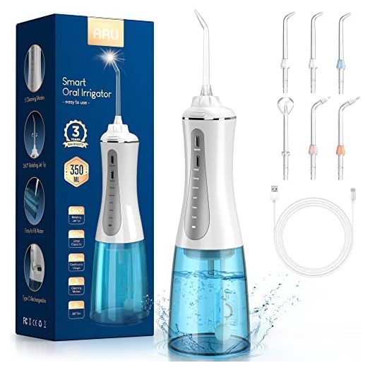 Cordless Water Dental Flosser for Teeth - Portable and Rechargeable Oral Irrigator with 350ML Tank 5 Modes 6 Replaceable Tips- IPX7 Waterproof Powerful Battery Water Dental Picks for Travel Home Use