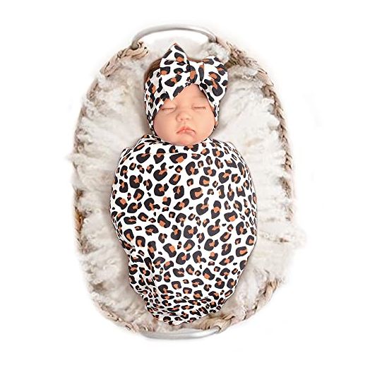 Konssy Baby Girl Newborn Receiving Blanket with Headband Set Baby Swaddle Leopard Print Nursery Swaddle Wrap