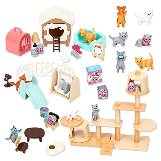 TQQFUN 43-Piece Cat Figurine Playset - Realistic Pet Care Center Role Play Toys for Kids, Toddlers, Boys and Girls