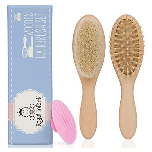 Royal Infant Wooden Baby Hair Brush Set with Natural Goat Hair Bristles ~ Cradle Cap Brush ~ Baby Shower and Registry Gift ~ Supports Charity (Brush Set with Pink Scrub Pad)
