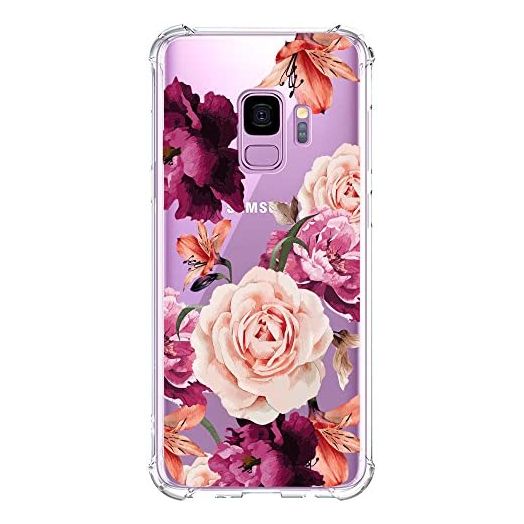 KIOMY Galaxy S9 Case for Girls Clear with Purple Flower Pattern Design Shockproof Protective Cute Floral Back Cover for Samsung Galaxy S9 5.8 Inch Women Flexible Slim Fit Soft Cell Phone Cases