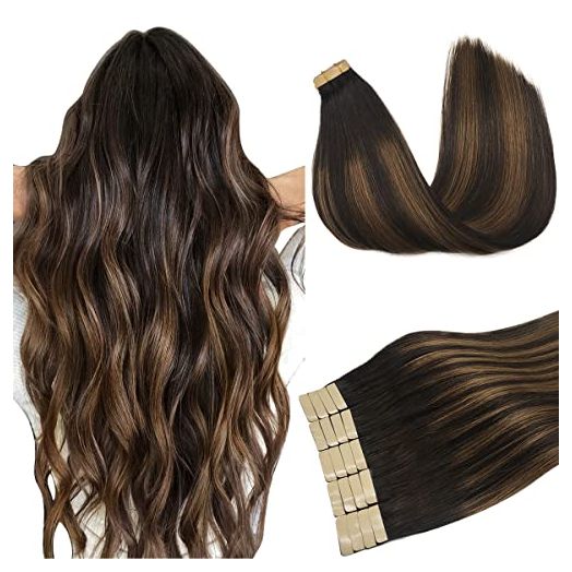 DOORES Human Hair Extensions Tape in Hair Extensions, Balayage Dark Brown to Chestnut Brown 50g 20pcs 18 Inch