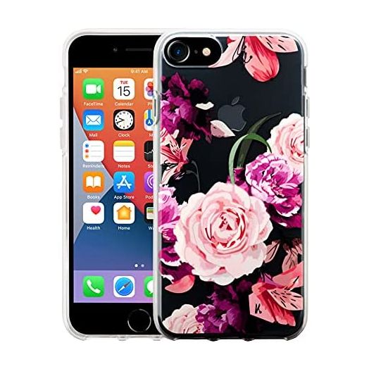 Sephonie Flower Case for iPhone SE 2020 (2nd gen) / 8/7, Floral Pattern Clear Slim Girly Design, Shockproof Protective Hard PC Back with Soft TPU Bumper Phone Cover for Girls and Women | Peony