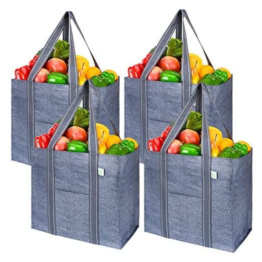 VENO Reusable Grocery Shopping Bag with Hard Bottom, Foldable (4 Pack)