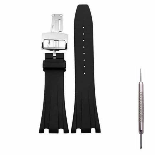 Kevisae Black Rubber Silicone Watch Band Compatible with Audemars Piguet Royal Oak Offshore 15703 15710-28mm AP Rubber Watch Band Strap (Silver buckle)