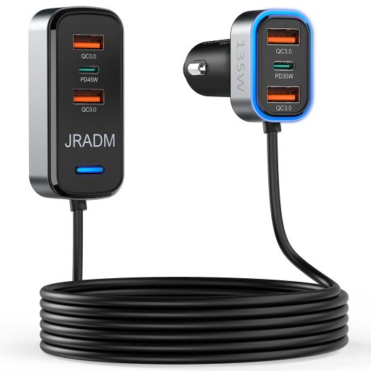 135W USB C Car Charger 6-Port, PD 45W 30W & QC3.0 30W Multi Port Car Charger Fast Charging for Multiple Devices, Cigarette Lighter USB Charger with 5FT Cable for iPhone 15/14/iPad/Samsung S24/S23