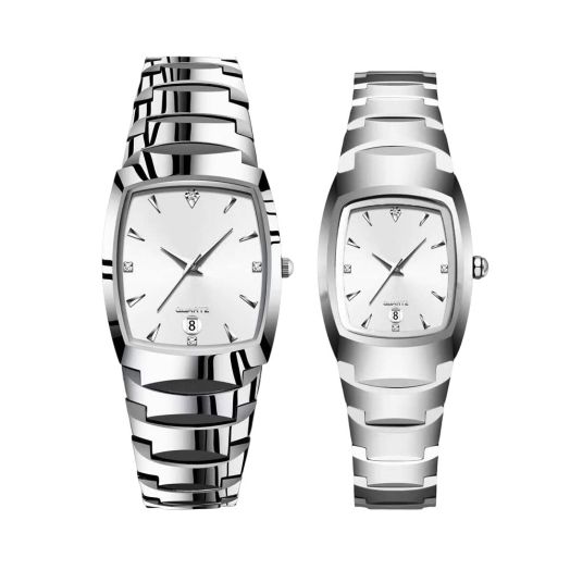 Lonbamu Fashion tungsten watches,square couple models,steel band calendar watches,luminous,men's and women's watches (Silver White)