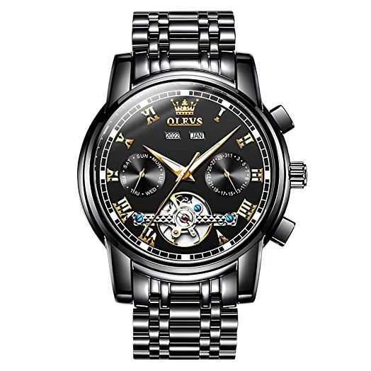 OLEVS Mens Watch Black Luxury Skeleton Automatic Watches for Men Fashion Waterproof Stainless Steel Watch Men Tourbillon Mechanical Movement Reloj Para Hombre